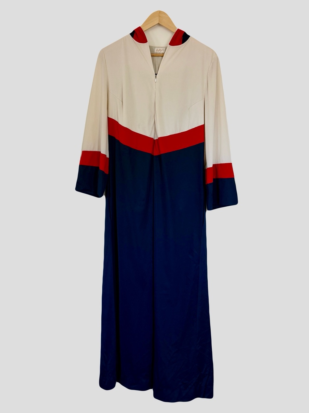 Vintage 70s LeRoy’s Red White Navy Color Block Hooded Maxi Kaftan Long Dress L